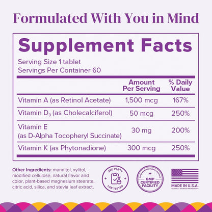 Barimelts ADEK - 60 schnell lösliche Tabletten (2-Monats-Vorrat) - Zuckerfreie bariatrische Vitamine für Frauen mit Vitamin A, D, E & K, natürlicher Erdbeergeschmack
