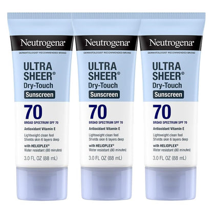 Neutrogena Ultra Sheer Dry-Touch Sonnenschutz für Gesicht & Körper, SPF 70 Breitband UVA/UVB Schutz, Leicht, Wasserbeständig & Nicht fettend, Reisegröße, 3 x 89 ml