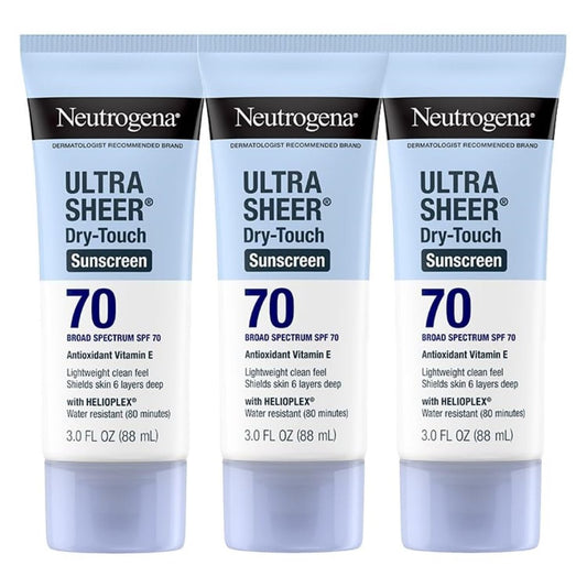 Neutrogena Ultra Sheer Dry-Touch Sonnenschutz für Gesicht & Körper, SPF 70 Breitband UVA/UVB Schutz, Leicht, Wasserbeständig & Nicht fettend, Reisegröße, 3 x 89 ml