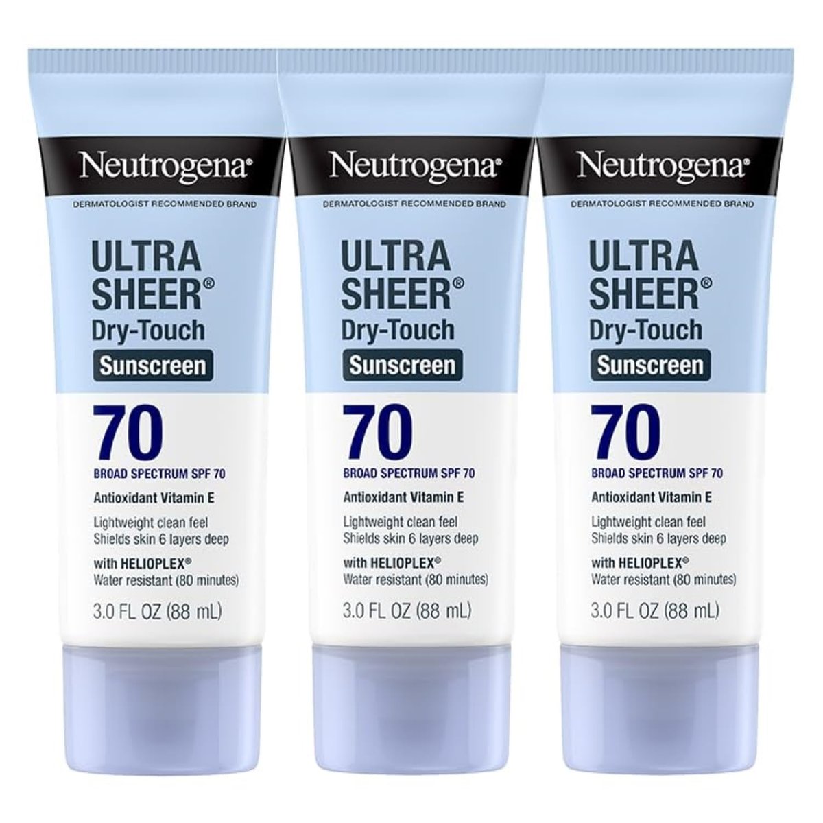 Neutrogena Ultra Sheer Dry-Touch Sonnenschutz für Gesicht & Körper, SPF 70 Breitband UVA/UVB Schutz, Leicht, Wasserbeständig & Nicht fettend, Reisegröße, 3 x 89 ml