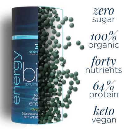 ENERGYBITS Bio Spirulina Tabletten (60 Algen-Tabletten) – Natürliches Superfood für Energie, Fitness und Konzentration – 5g Protein, 1 Kalorie, Zuckerfrei – Omega 3 – Spirulina Kapseln – Glutenfrei, Keto & Vegan