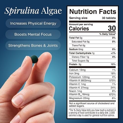ENERGYBITS Bio Spirulina Tabletten (60 Algen-Tabletten) – Natürliches Superfood für Energie, Fitness und Konzentration – 5g Protein, 1 Kalorie, Zuckerfrei – Omega 3 – Spirulina Kapseln – Glutenfrei, Keto & Vegan