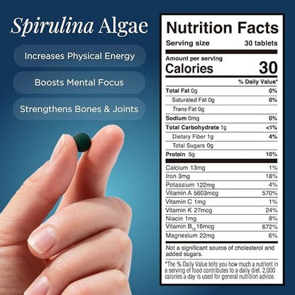 ENERGYBITS Bio Spirulina Tabletten (60 Algen-Tabletten) – Natürliches Superfood für Energie, Fitness und Konzentration – 5g Protein, 1 Kalorie, Zuckerfrei – Omega 3 – Spirulina Kapseln – Glutenfrei, Keto & Vegan