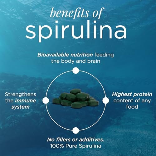 ENERGYBITS Bio Spirulina Tabletten (60 Algen-Tabletten) – Natürliches Superfood für Energie, Fitness und Konzentration – 5g Protein, 1 Kalorie, Zuckerfrei – Omega 3 – Spirulina Kapseln – Glutenfrei, Keto & Vegan