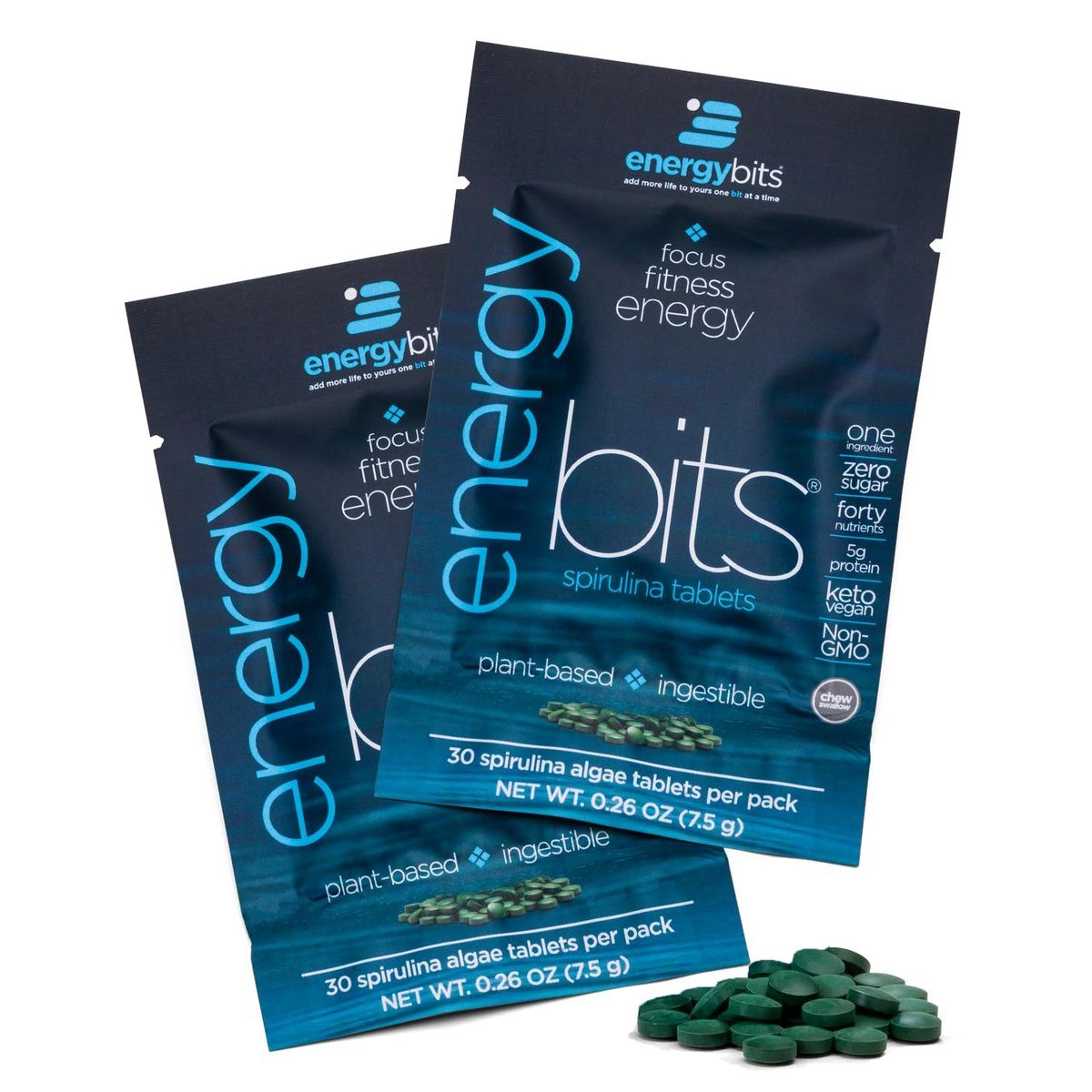 ENERGYBITS Bio Spirulina Tabletten (60 Algen-Tabletten) – Natürliches Superfood für Energie, Fitness und Konzentration – 5g Protein, 1 Kalorie, Zuckerfrei – Omega 3 – Spirulina Kapseln – Glutenfrei, Keto & Vegan