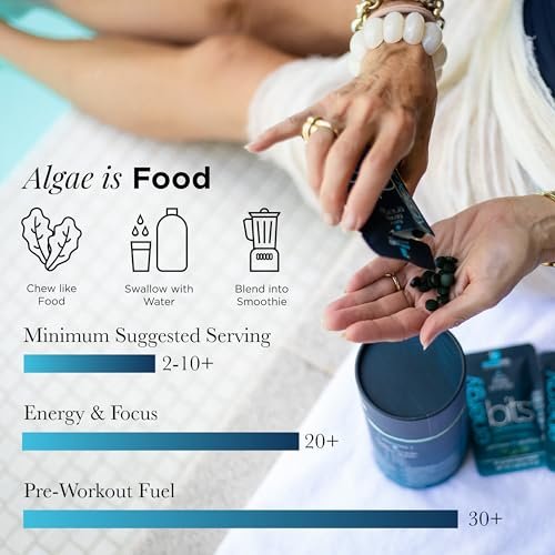 ENERGYBITS Bio Spirulina Tabletten (60 Algen-Tabletten) – Natürliches Superfood für Energie, Fitness und Konzentration – 5g Protein, 1 Kalorie, Zuckerfrei – Omega 3 – Spirulina Kapseln – Glutenfrei, Keto & Vegan