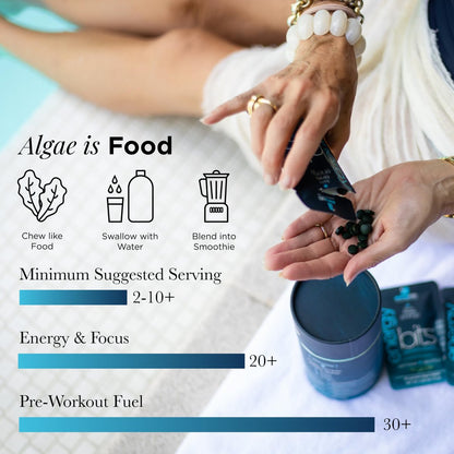 ENERGYBITS Bio Spirulina Tabletten (60 Algen-Tabletten) – Natürliches Superfood für Energie, Fitness und Konzentration – 5g Protein, 1 Kalorie, Zuckerfrei – Omega 3 – Spirulina Kapseln – Glutenfrei, Keto & Vegan