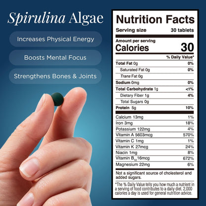 ENERGYBITS Bio Spirulina Tabletten (60 Algen-Tabletten) – Natürliches Superfood für Energie, Fitness und Konzentration – 5g Protein, 1 Kalorie, Zuckerfrei – Omega 3 – Spirulina Kapseln – Glutenfrei, Keto & Vegan