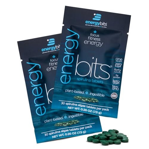 ENERGYBITS Bio Spirulina Tabletten (60 Algen-Tabletten) – Natürliches Superfood für Energie, Fitness und Konzentration – 5g Protein, 1 Kalorie, Zuckerfrei – Omega 3 – Spirulina Kapseln – Glutenfrei, Keto & Vegan