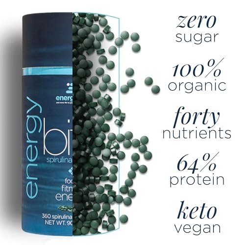 ENERGYBITS Bio Spirulina Tabletten (60 Algen-Tabletten) – Natürliches Superfood für Energie, Fitness und Konzentration – 5g Protein, 1 Kalorie, Zuckerfrei – Omega 3 – Spirulina Kapseln – Glutenfrei, Keto & Vegan