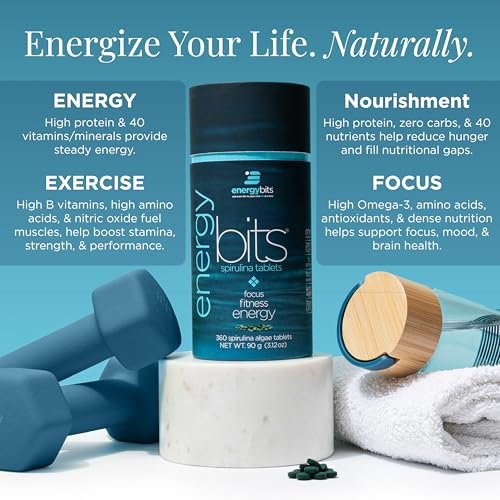 ENERGYBITS Bio Spirulina Tabletten (60 Algen-Tabletten) – Natürliches Superfood für Energie, Fitness und Konzentration – 5g Protein, 1 Kalorie, Zuckerfrei – Omega 3 – Spirulina Kapseln – Glutenfrei, Keto & Vegan