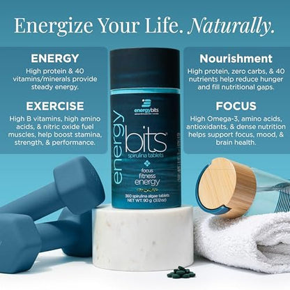 ENERGYBITS Bio Spirulina Tabletten (60 Algen-Tabletten) – Natürliches Superfood für Energie, Fitness und Konzentration – 5g Protein, 1 Kalorie, Zuckerfrei – Omega 3 – Spirulina Kapseln – Glutenfrei, Keto & Vegan