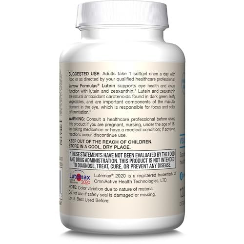 Jarrow Formulas Lutein 20 mg – 120 Softgels – Klinisch dokumentierte Augengesundheit & Unterstützung – Mit Zeaxanthin – 120 Portionen