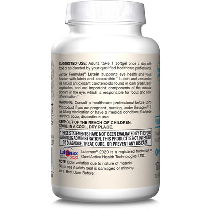 Jarrow Formulas Lutein 20 mg – 120 Softgels – Klinisch dokumentierte Augengesundheit & Unterstützung – Mit Zeaxanthin – 120 Portionen