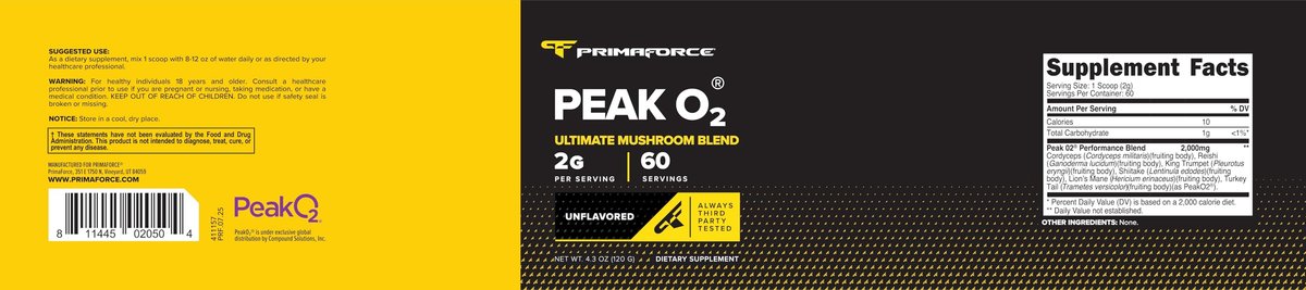 PrimaForce Peak O2 Trainingsergänzung, 120 Gramm - Proprietäre Mischung, Nicht-GVO, Vegan und Glutenfrei