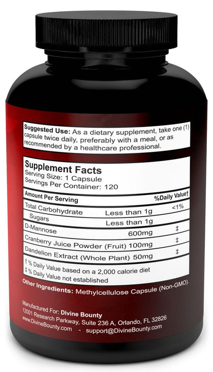 Divine Bounty D-Mannose Kapseln - 600 mg D-Mannose Pulver pro Kapsel mit Cranberry und Löwenzahnextrakt zur Unterstützung der normalen Harnwegsgesundheit - 120 vegane Kapseln