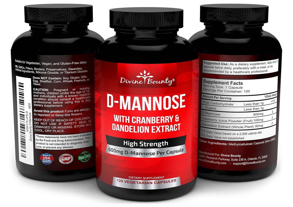 Divine Bounty D-Mannose Kapseln - 600 mg D-Mannose Pulver pro Kapsel mit Cranberry und Löwenzahnextrakt zur Unterstützung der normalen Harnwegsgesundheit - 120 vegane Kapseln