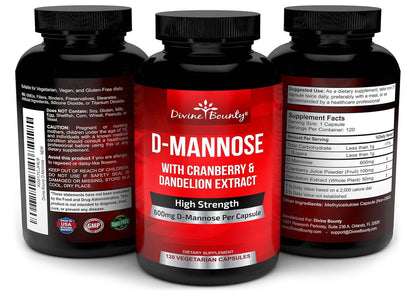 Divine Bounty D-Mannose Kapseln - 600 mg D-Mannose Pulver pro Kapsel mit Cranberry und Löwenzahnextrakt zur Unterstützung der normalen Harnwegsgesundheit - 120 vegane Kapseln