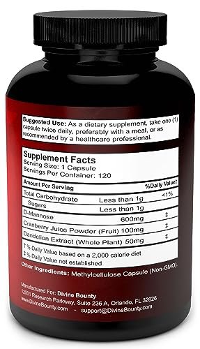 Divine Bounty D-Mannose Kapseln - 600 mg D-Mannose Pulver pro Kapsel mit Cranberry und Löwenzahnextrakt zur Unterstützung der normalen Harnwegsgesundheit - 120 vegane Kapseln
