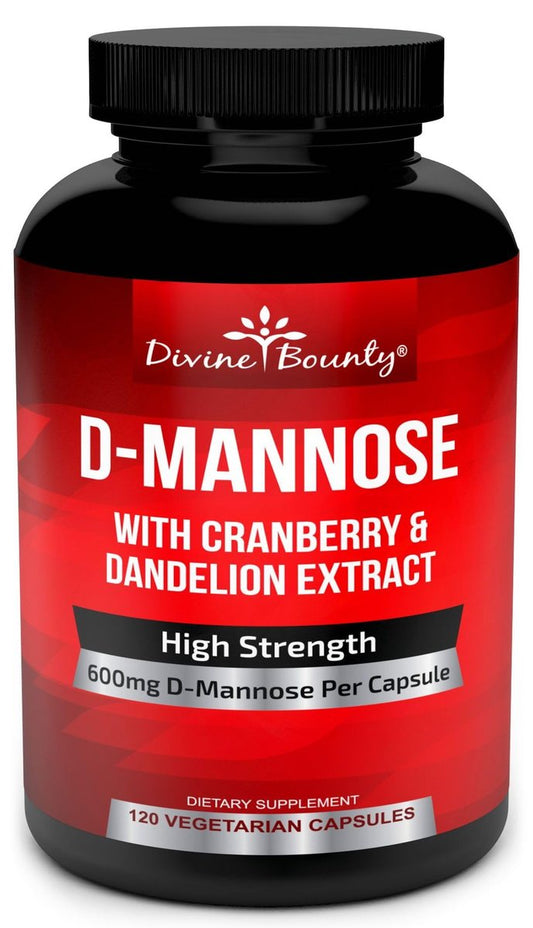 Divine Bounty D-Mannose Kapseln - 600 mg D-Mannose Pulver pro Kapsel mit Cranberry und Löwenzahnextrakt zur Unterstützung der normalen Harnwegsgesundheit - 120 vegane Kapseln