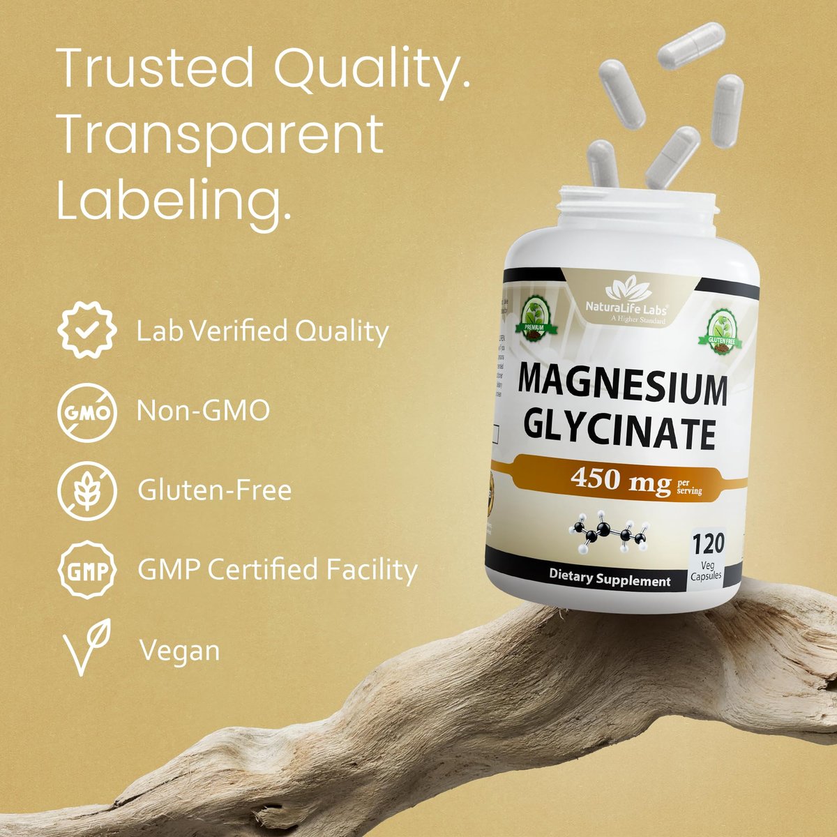 NaturaLife Labs Magnesiumglycinat – 450 mg pro Portion – 120 vegane Kapseln – Non-GMO, glutenfrei, vegan