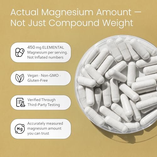 NaturaLife Labs Magnesiumglycinat – 450 mg pro Portion – 120 vegane Kapseln – Non-GMO, glutenfrei, vegan
