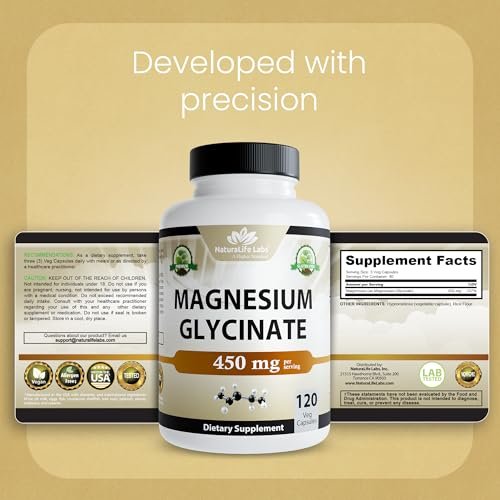 NaturaLife Labs Magnesiumglycinat – 450 mg pro Portion – 120 vegane Kapseln – Non-GMO, glutenfrei, vegan