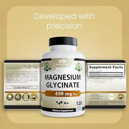 NaturaLife Labs Magnesiumglycinat – 450 mg pro Portion – 120 vegane Kapseln – Non-GMO, glutenfrei, vegan
