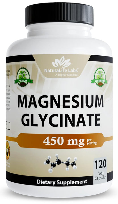 NaturaLife Labs Magnesiumglycinat – 450 mg pro Portion – 120 vegane Kapseln – Non-GMO, glutenfrei, vegan