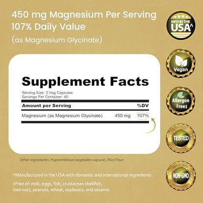 NaturaLife Labs Magnesiumglycinat – 450 mg pro Portion – 120 vegane Kapseln – Non-GMO, glutenfrei, vegan