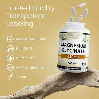 NaturaLife Labs Magnesiumglycinat – 450 mg pro Portion – 120 vegane Kapseln – Non-GMO, glutenfrei, vegan