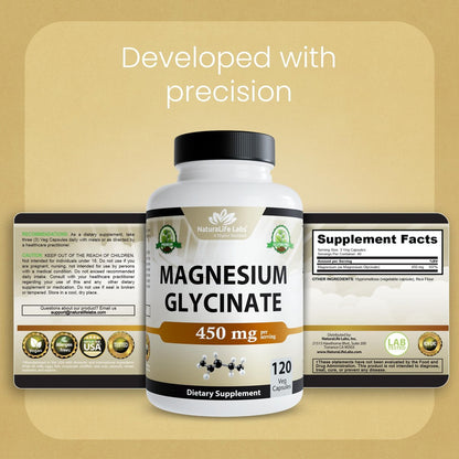 NaturaLife Labs Magnesiumglycinat – 450 mg pro Portion – 120 vegane Kapseln – Non-GMO, glutenfrei, vegan
