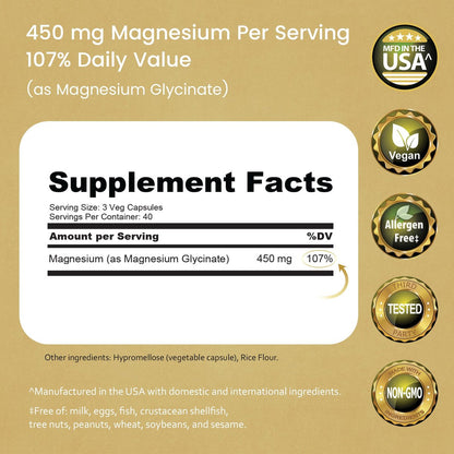 NaturaLife Labs Magnesiumglycinat – 450 mg pro Portion – 120 vegane Kapseln – Non-GMO, glutenfrei, vegan