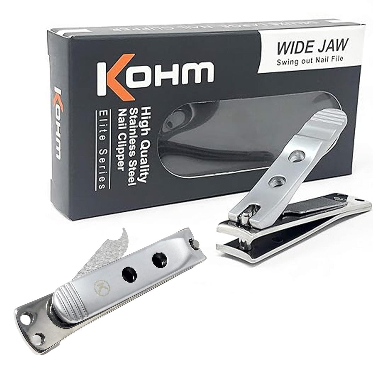 Kohm Nagelknipser mit gebogener Klinge und Nagelfeile (ausklappbar), SS breiter Zehennagelknipser für dicke Nägel, großer Nagelknipser für Männer, Senioren, Frauen