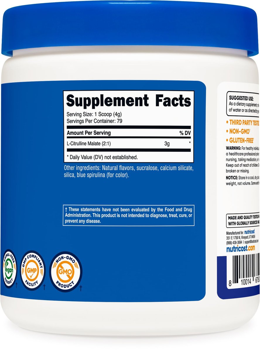 Nutricost L-Citrullin Malat 2:1 (300 g) – Blaue Himbeere – Pulver für sportliche Leistung