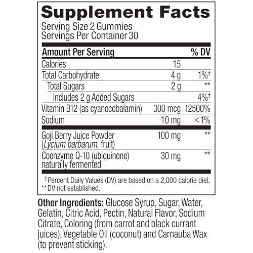OLLY Daily Energy Gummy – Koffeinfreie Vitamin B12 & CoQ10 Gummibärchen für Erwachsene, Goji-Beere, tropischer Geschmack – 60 Stück