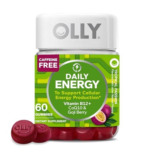 OLLY Daily Energy Gummy – Koffeinfreie Vitamin B12 & CoQ10 Gummibärchen für Erwachsene, Goji-Beere, tropischer Geschmack – 60 Stück