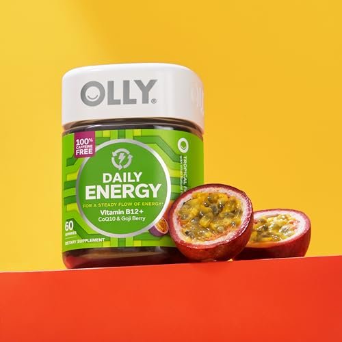 OLLY Daily Energy Gummy – Koffeinfreie Vitamin B12 & CoQ10 Gummibärchen für Erwachsene, Goji-Beere, tropischer Geschmack – 60 Stück