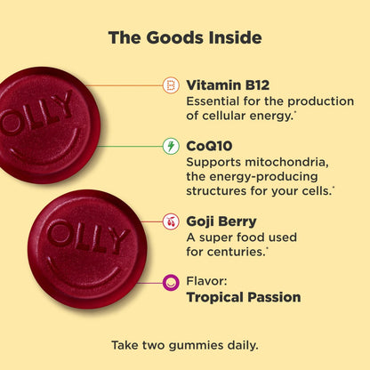 OLLY Daily Energy Gummy – Koffeinfreie Vitamin B12 & CoQ10 Gummibärchen für Erwachsene, Goji-Beere, tropischer Geschmack – 60 Stück