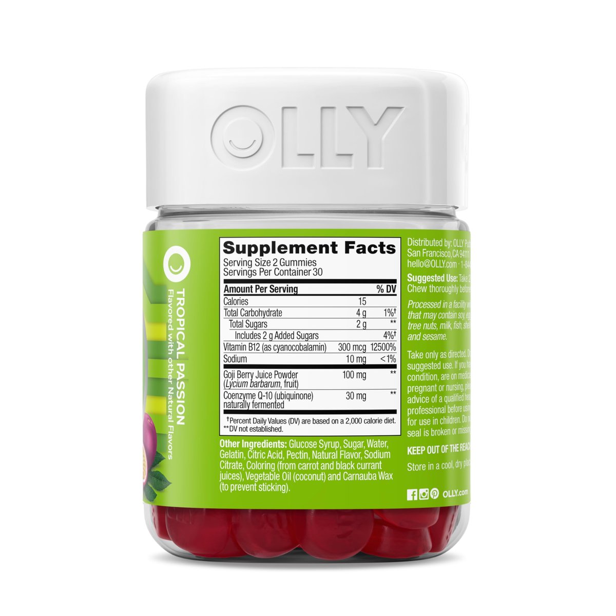 OLLY Daily Energy Gummy – Koffeinfreie Vitamin B12 & CoQ10 Gummibärchen für Erwachsene, Goji-Beere, tropischer Geschmack – 60 Stück