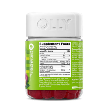 OLLY Daily Energy Gummy – Koffeinfreie Vitamin B12 & CoQ10 Gummibärchen für Erwachsene, Goji-Beere, tropischer Geschmack – 60 Stück
