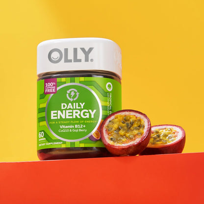 OLLY Daily Energy Gummy – Koffeinfreie Vitamin B12 & CoQ10 Gummibärchen für Erwachsene, Goji-Beere, tropischer Geschmack – 60 Stück
