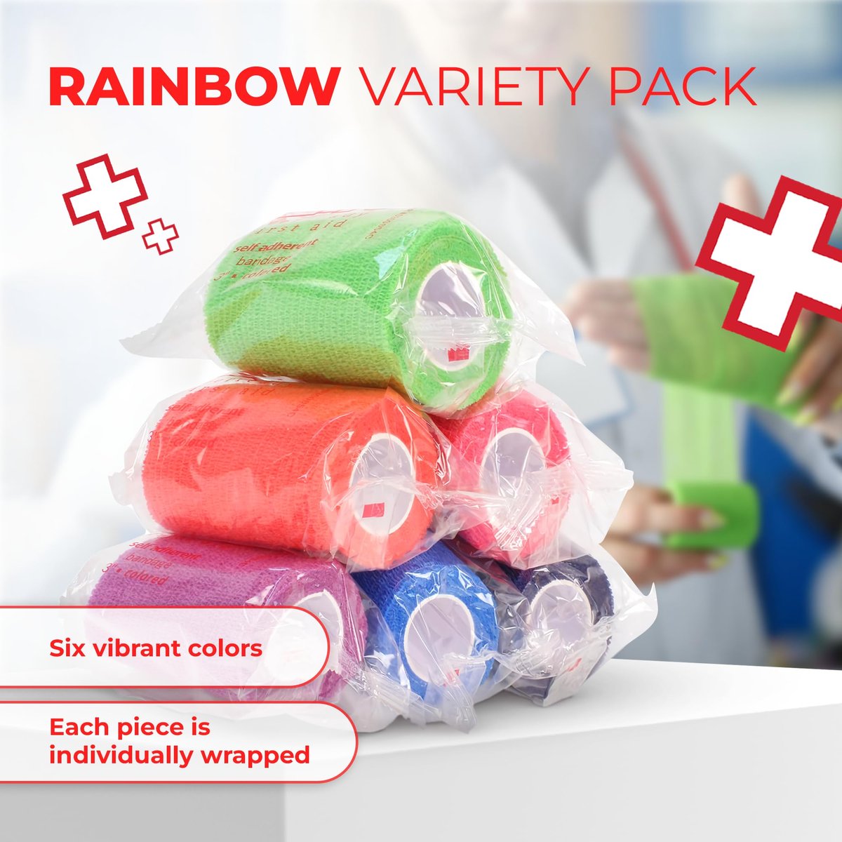 Ever Ready First Aid Selbsthaftende Kohäsive Bandagen 7,6 cm x 4,6 m - 12 Stück, Regenbogenfarben