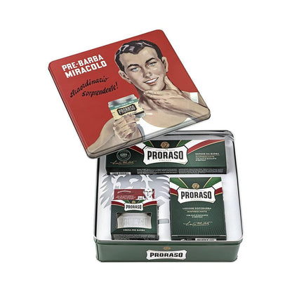Proraso Rasier-Set – Vintage Gino Dose – Erfrischende Pre-Shave-Creme, Rasiercreme & After-Shave-Balsam für alle Barttypen – Premium italienisches Herren-Geschenkset in Sammeldose