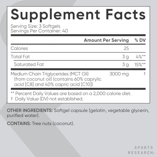 Sports Research MCT Öl Kapseln aus Kokosnussöl | Keto-Treibstoff für Gehirn & Körper | Hochpotent 3000 mg | Aus Non-GMO Kokosnüssen (120 Softgels)