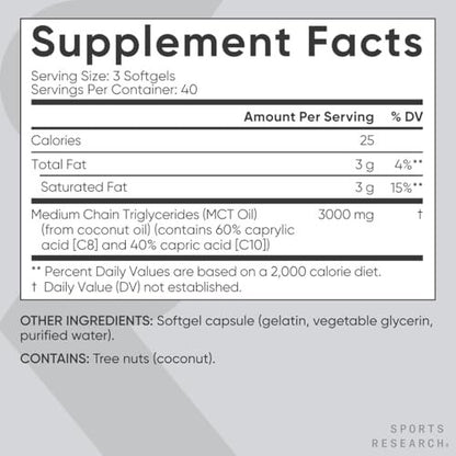 Sports Research MCT Öl Kapseln aus Kokosnussöl | Keto-Treibstoff für Gehirn & Körper | Hochpotent 3000 mg | Aus Non-GMO Kokosnüssen (120 Softgels)