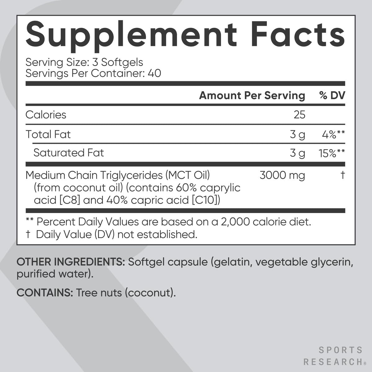 Sports Research MCT Öl Kapseln aus Kokosnussöl | Keto-Treibstoff für Gehirn & Körper | Hochpotent 3000 mg | Aus Non-GMO Kokosnüssen (120 Softgels)