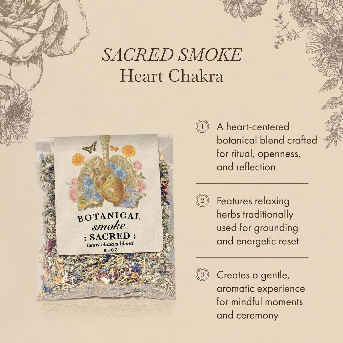 Anima Mundi Apothecary Smokable Herbs - Sacred Smoke - Heart Chakra Kräutermischung zum Rauchen - mit entspannenden Botanicals wie Beifuß, Helmkraut, blauer Kornblume, Ringelblume & Rosenblättern (0,5 oz)