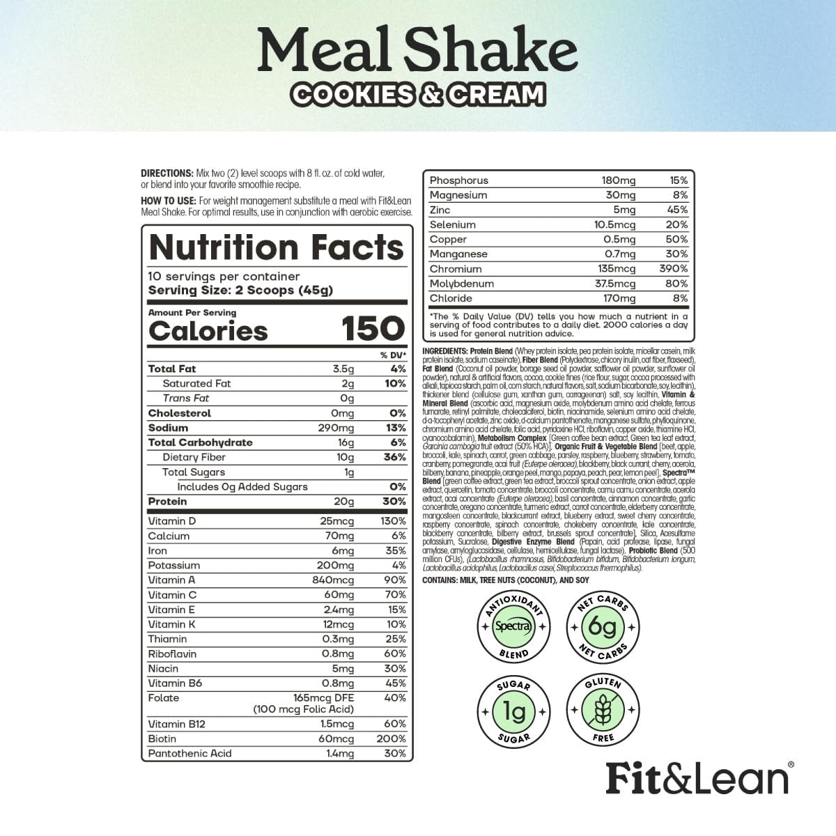 Fit & Lean Meal Shake – Mahlzeitenersatz zur Fettverbrennung mit Protein, Ballaststoffen, Probiotika und Bio-Obst & -Gemüse, Cookies & Cream, 454 g, 10 Portionen