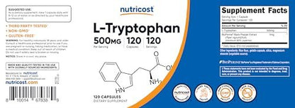 Nutricost L-Tryptophan 500mg, 120 Kapseln – mit BioPerin, glutenfrei, nicht-GVO